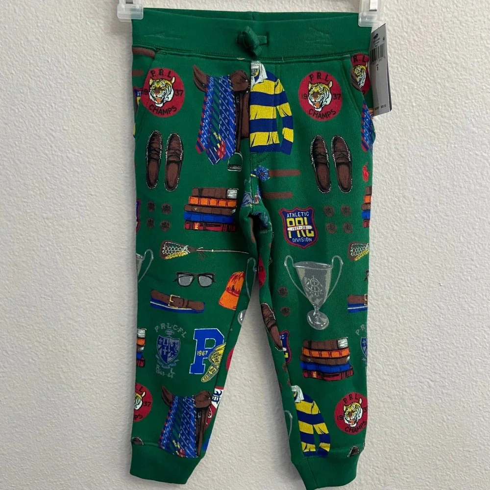 Polo Ralph Lauren Boys Size 3 Green Athletic‎ Graphic Fleece Jogger Pants NWT